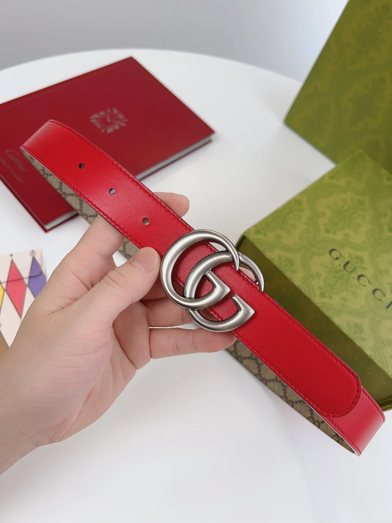 Gucci GG Marmont أحمر بيج إبزيم Double G Supreme Monogram كانفاس جلد 7