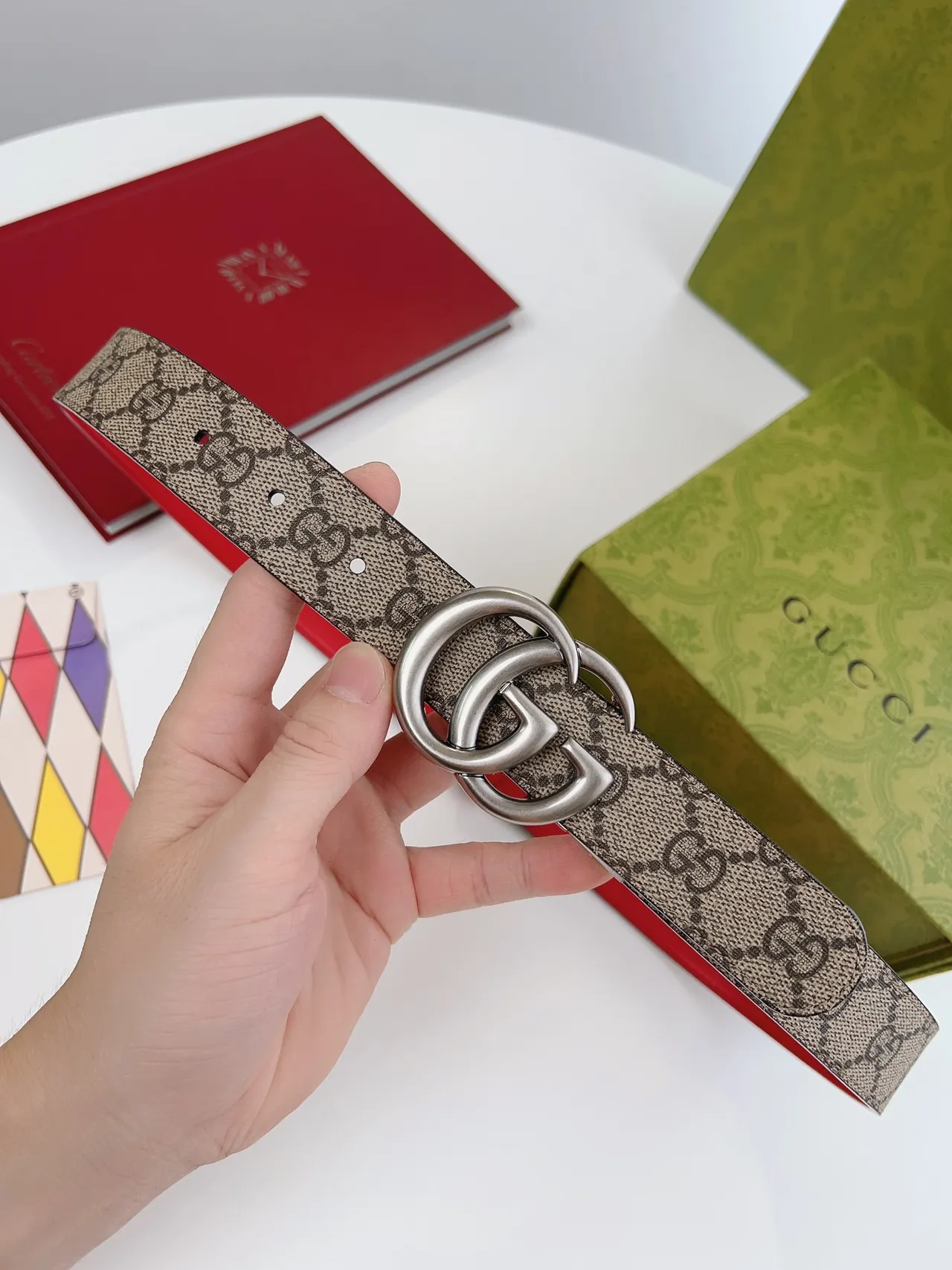 Gucci GG Marmont أحمر بيج إبزيم Double G Supreme Monogram كانفاس جلد 8