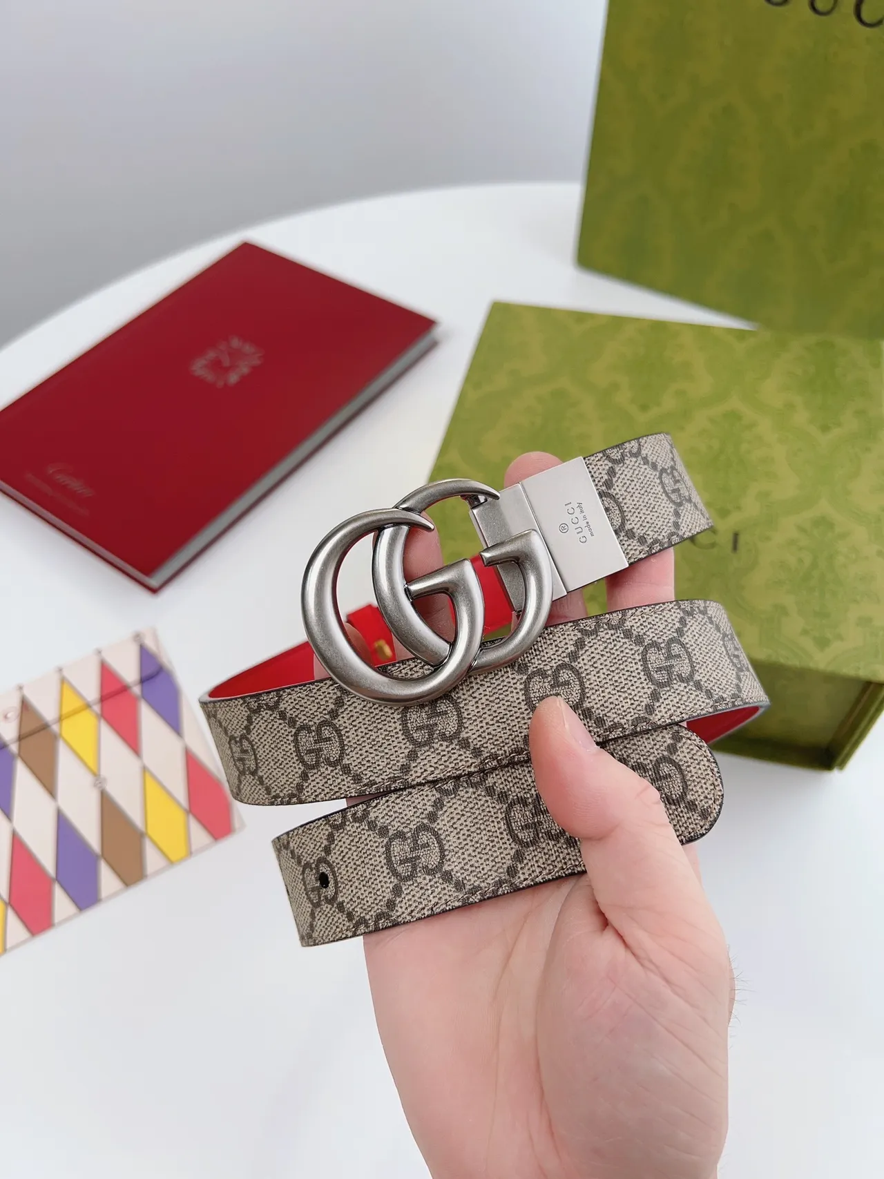 Gucci GG Marmont أحمر بيج إبزيم Double G Supreme Monogram كانفاس جلد 9