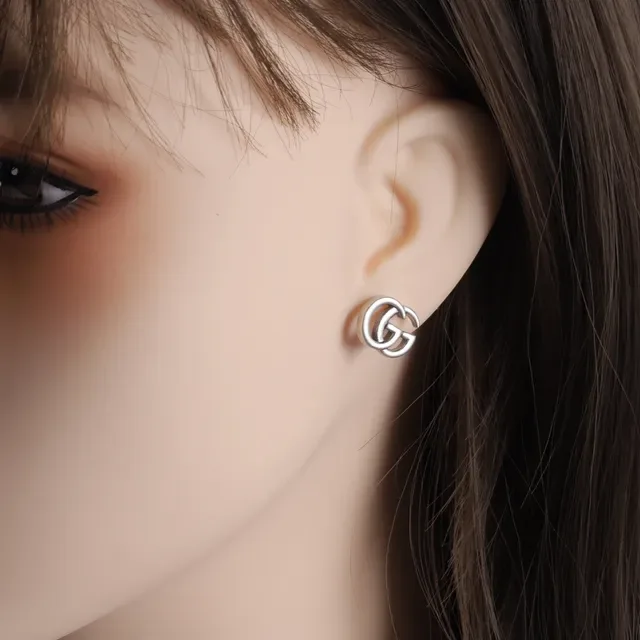 Gucci GG Marmont Silver Gold Interlocking Double-G Logo Stud Style Earrings 2