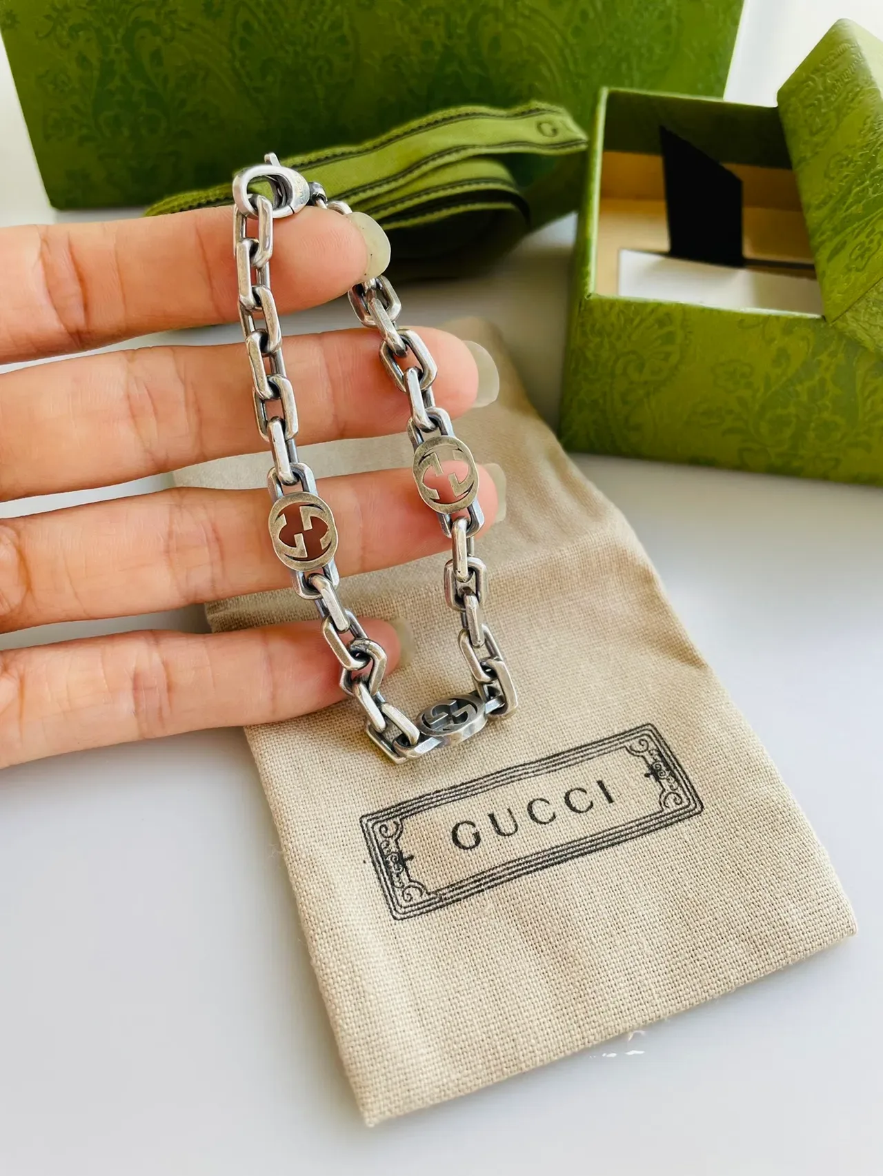 Gucci GG Marmont Silver Green Chunky Link Chain Interlocking Medallions Bracelet 4