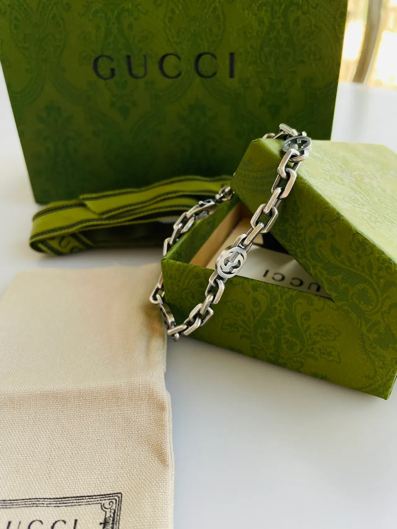 Gucci GG Marmont Silver Green Chunky Link Chain Interlocking Medallions Bracelet 6