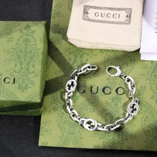 Gucci GG Marmont Silver Green Interlocking G Logo Links Chunky Curb Chain Bracelet