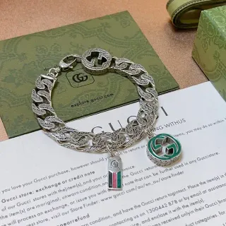 Gucci GG Marmont Silver Green Leaf-Engraved Curb Chain Interlocking Charms Bracelet