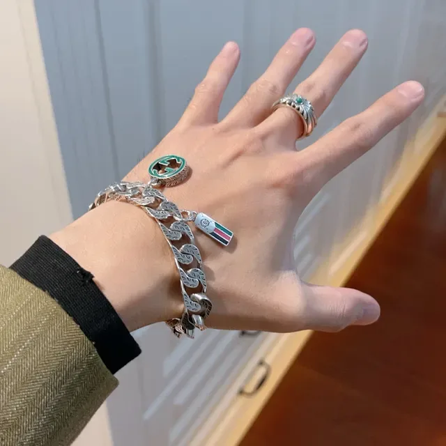 Gucci GG Marmont Silver Green Leaf-Engraved Curb Chain Interlocking Charms Bracelet 8