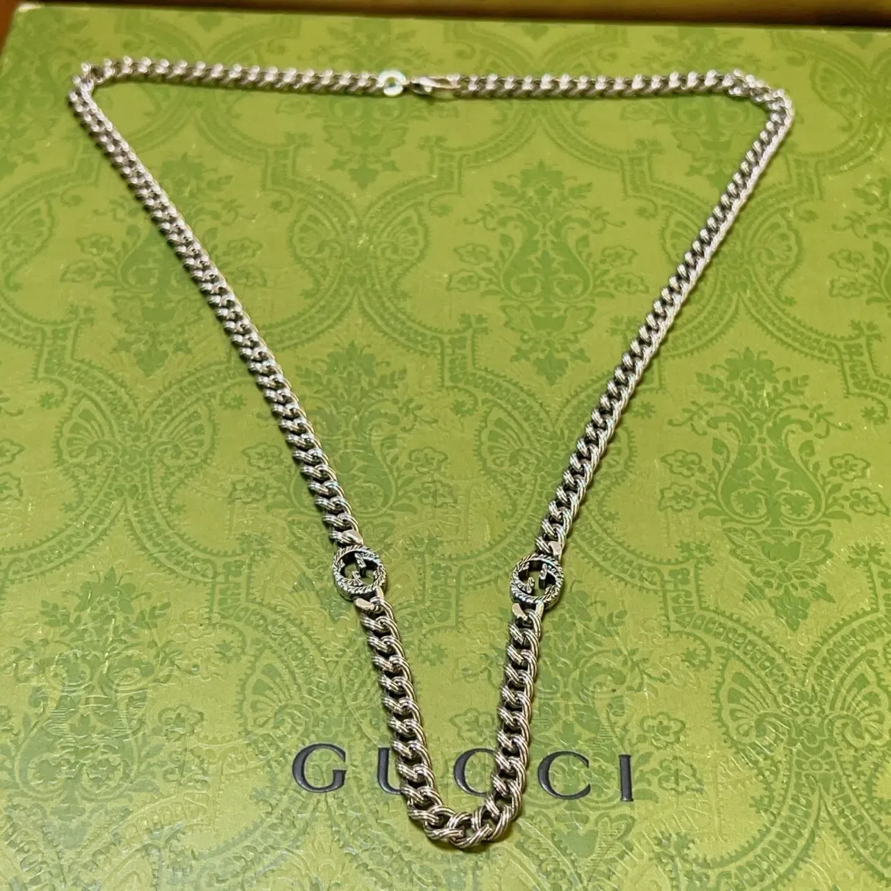 Colar Gucci GG Marmont Corrente Twisted Curb-Link Chain Interlocking G Logo Charms Verde Prata 6