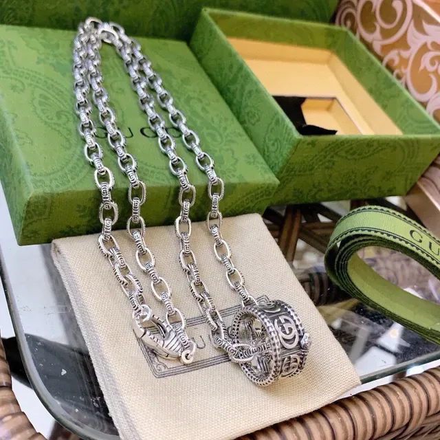 Gucci GG Marmont Silver Oxidized Finish Interlocking Motif Necklace 2