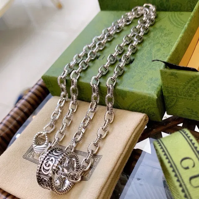 Gucci GG Marmont Silver Oxidized Finish Interlocking Motif Necklace 6