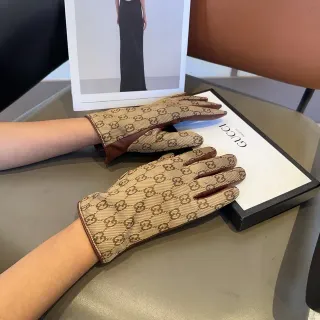 Gucci GG Monogram Beige and Brown Leather Gloves
