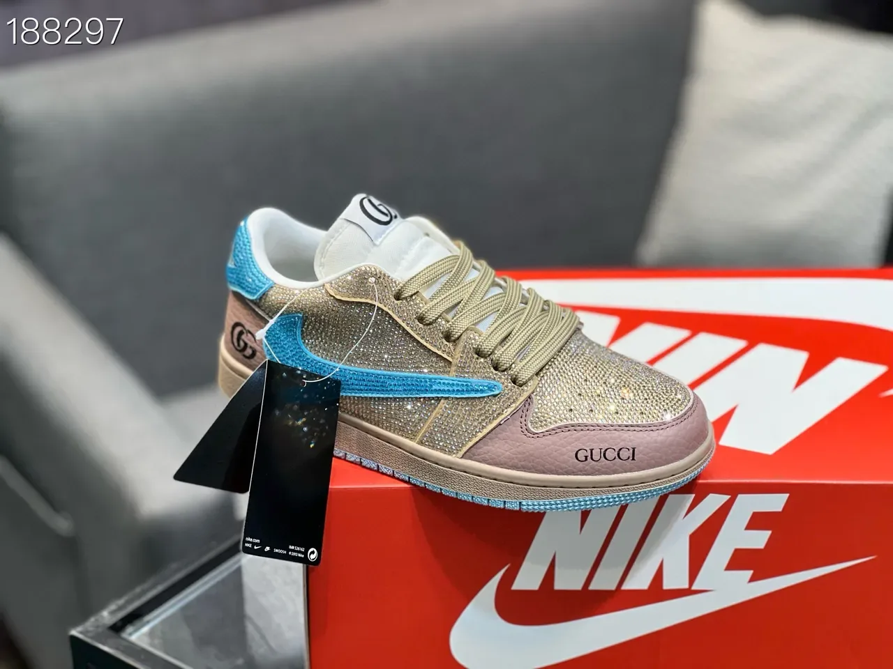 Gucci Gold Blue Crystal-Embellished Two-Tone Leather Lifestyle Sneakers 4
