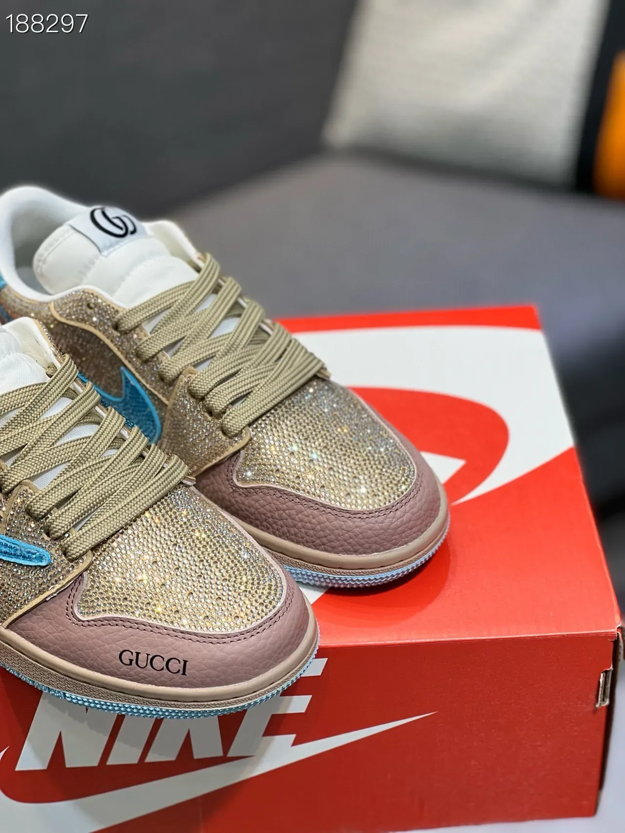 Gucci Gold Blue Crystal-Embellished Two-Tone Leather Lifestyle Sneakers 5