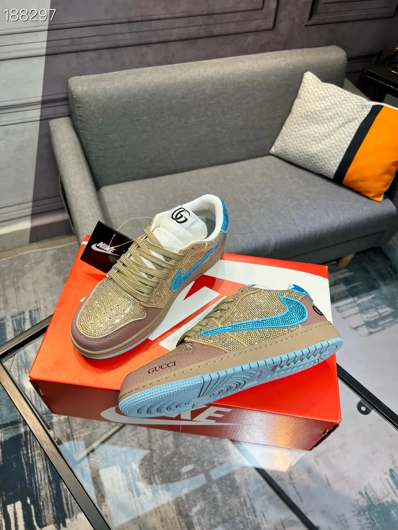 Gucci Gold Blue Crystal-Embellished Two-Tone Leather Lifestyle Sneakers 6