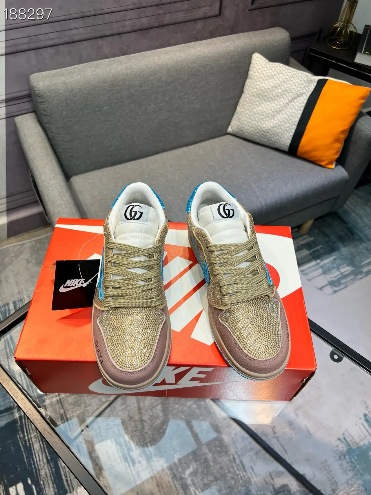 Gucci Gold Blue Crystal-Embellished Two-Tone Leather Lifestyle Sneakers 7