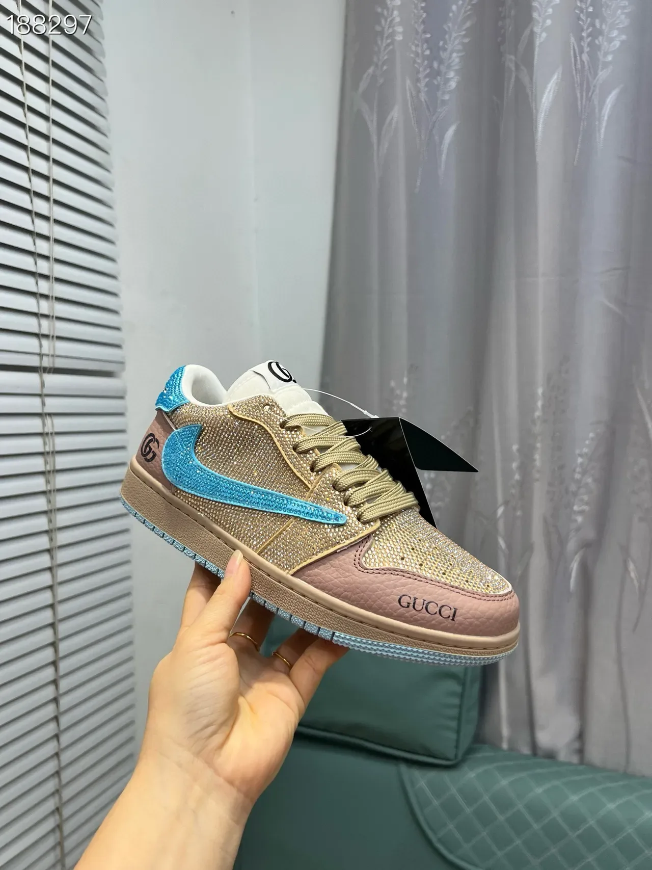 Gucci Gold Blue Crystal-Embellished Two-Tone Leather Lifestyle Sneakers 8
