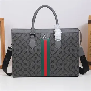 Gucci Gray Green Structured GG Monogram Canvas Web Stripe Center Tote Bag