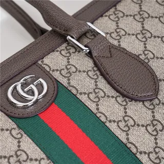 Gucci Gray Green Structured GG Monogram Canvas Web Stripe Center Tote Bag 13