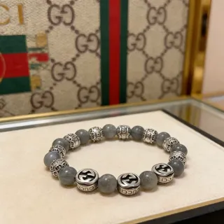 Gucci Gray Silver Beaded Stone And Metal Bracelet