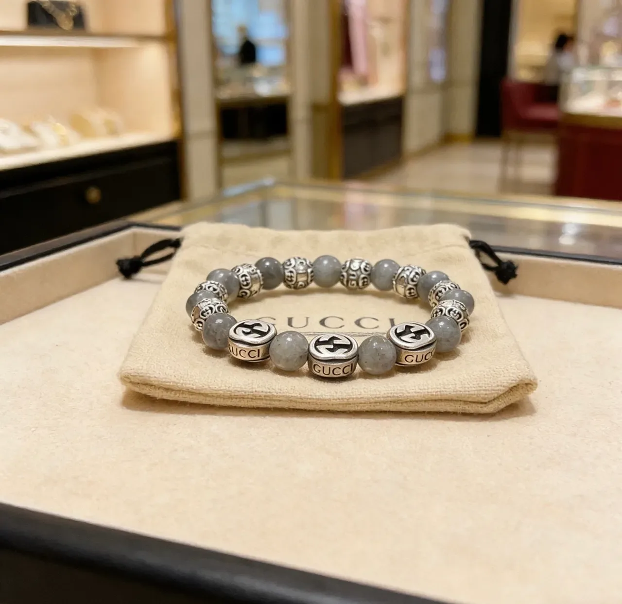 Gucci Gray Silver Beaded Stone And Metal Bracelet 2