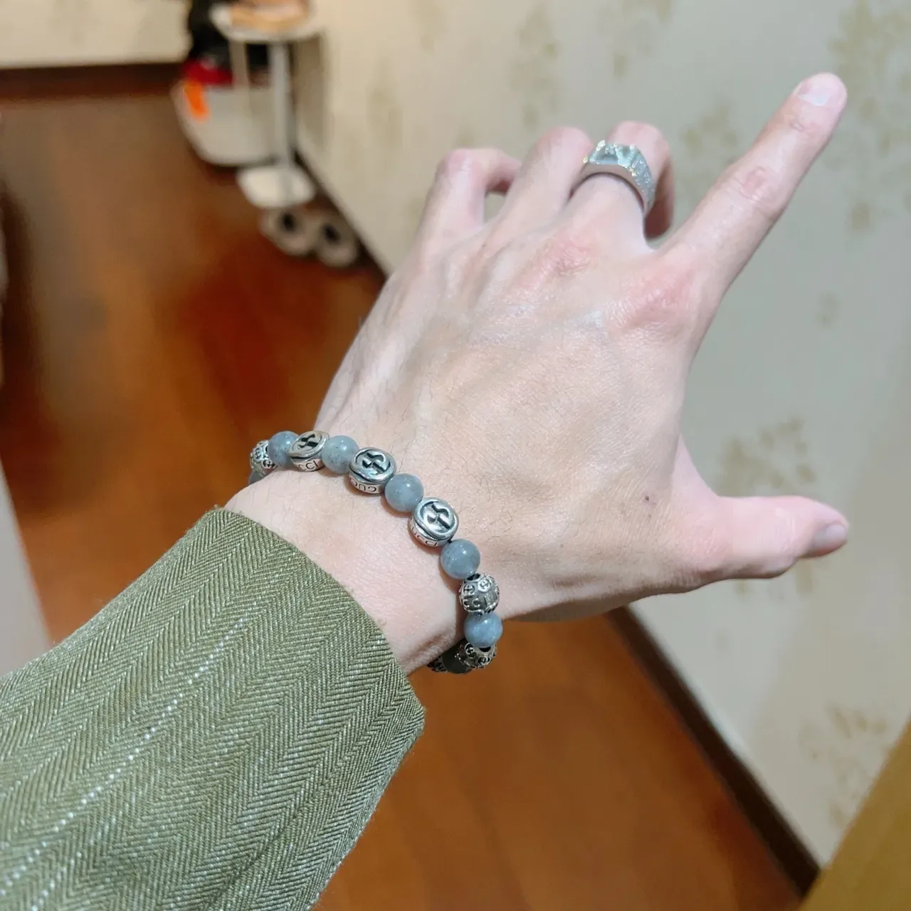 Gucci Gray Silver Beaded Stone And Metal Bracelet 3