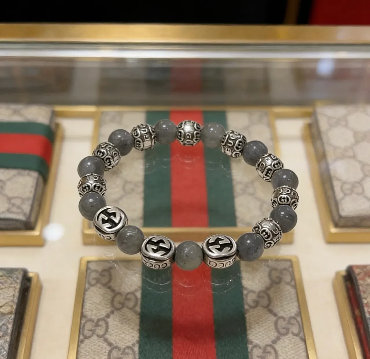 Gucci Gray Silver Beaded Stone And Metal Bracelet 4