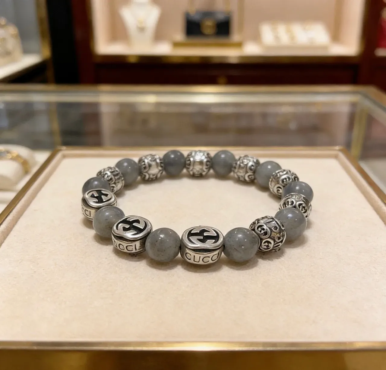 Gucci Gray Silver Beaded Stone And Metal Bracelet 6