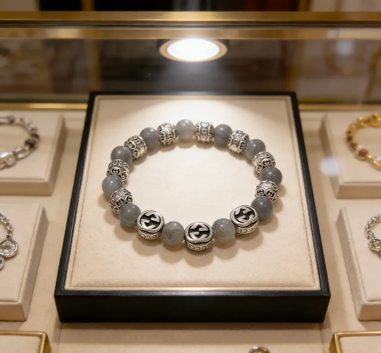 Gucci Gray Silver Beaded Stone And Metal Bracelet 7