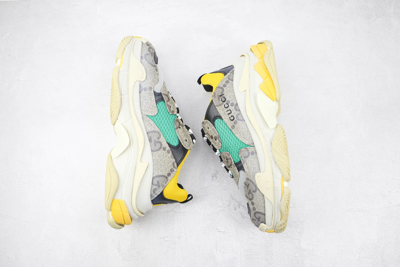 Gucci Gray Yellow Layered Sole Mixed-Material Upper Chunky Sneakers 2
