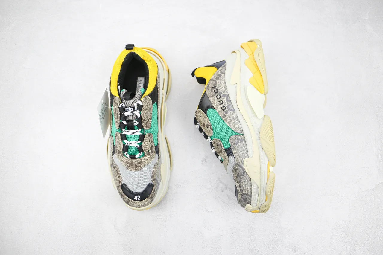 Gucci Gray Yellow Layered Sole Mixed-Material Upper Chunky Sneakers 3