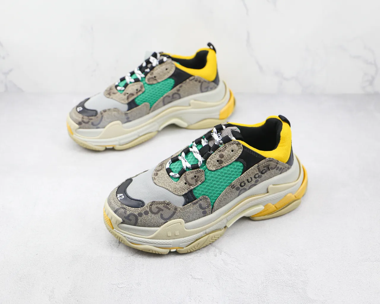 Gucci Gray Yellow Layered Sole Mixed-Material Upper Chunky Sneakers 4