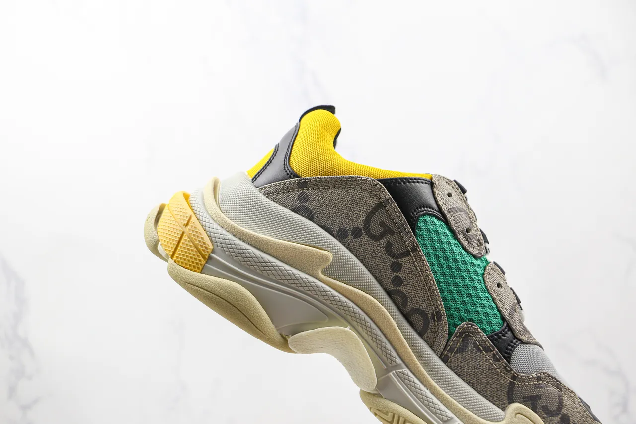 Gucci Gray Yellow Layered Sole Mixed-Material Upper Chunky Sneakers 5
