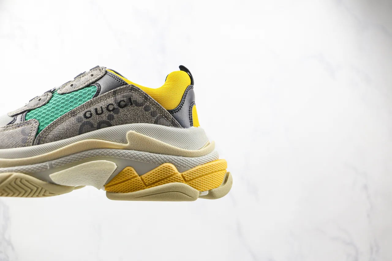 Gucci Gray Yellow Layered Sole Mixed-Material Upper Chunky Sneakers 7