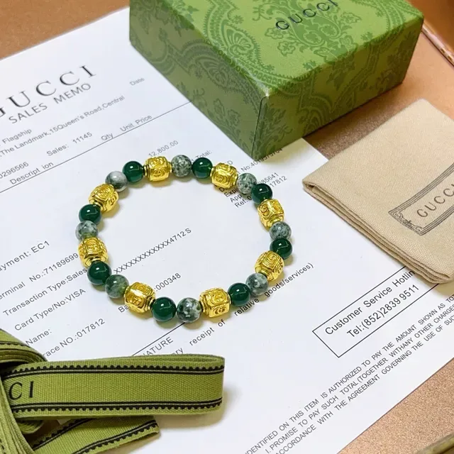 Gucci Green Gold Beaded Metal Accents Bracelet 2