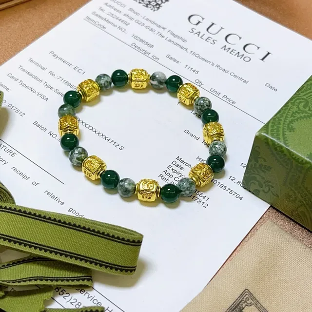 Gucci Green Gold Beaded Metal Accents Bracelet 6