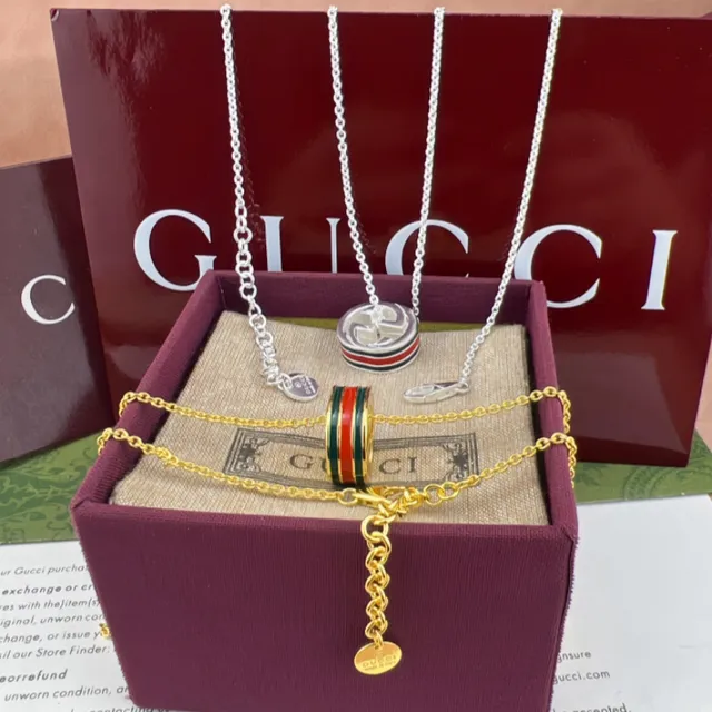 Gucci 绿红圆柱形吊坠搪瓷条纹细节项链 6