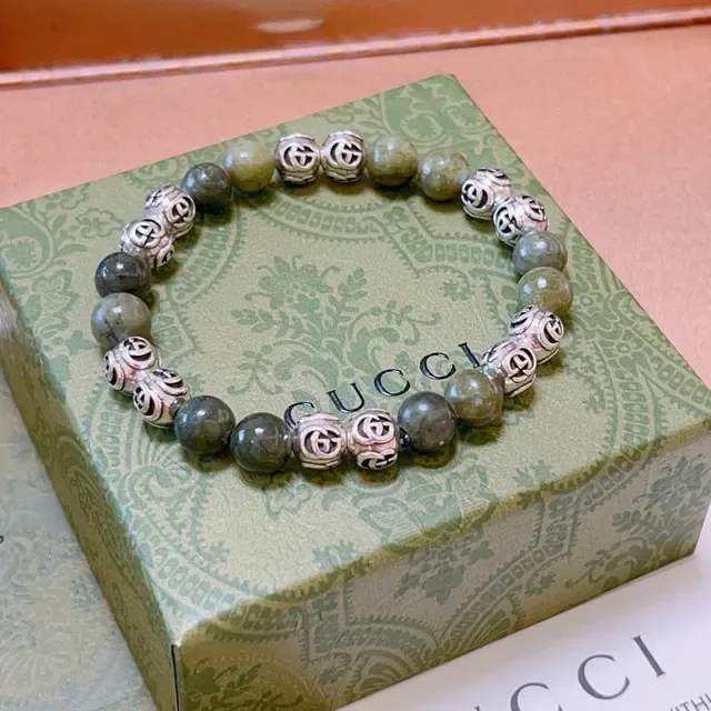 Gucci Green Silver Beaded Interlocking G Charms Bracelet 3