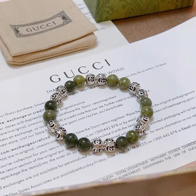 Gucci Green Silver Beaded Interlocking G Charms Bracelet 4