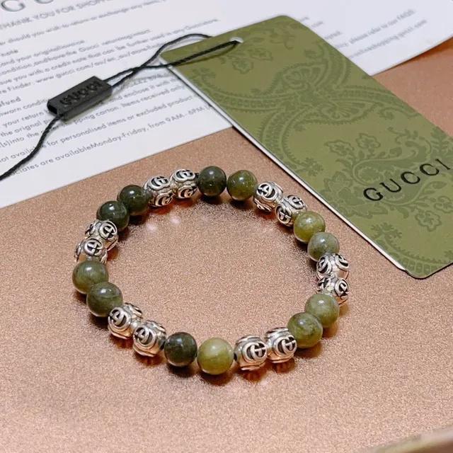 Gucci Green Silver Beaded Interlocking G Charms Bracelet 6