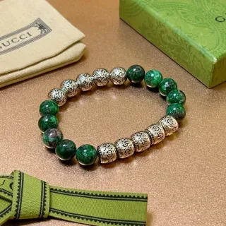 Gucci Green Stone and Ornate Silver Bead Bracelet