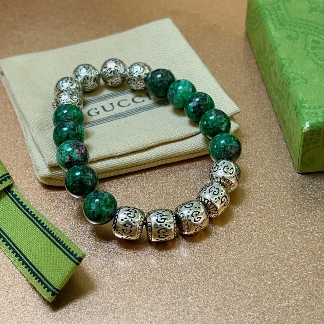 Gucci Green Stone and Ornate Silver Bead Bracelet 2