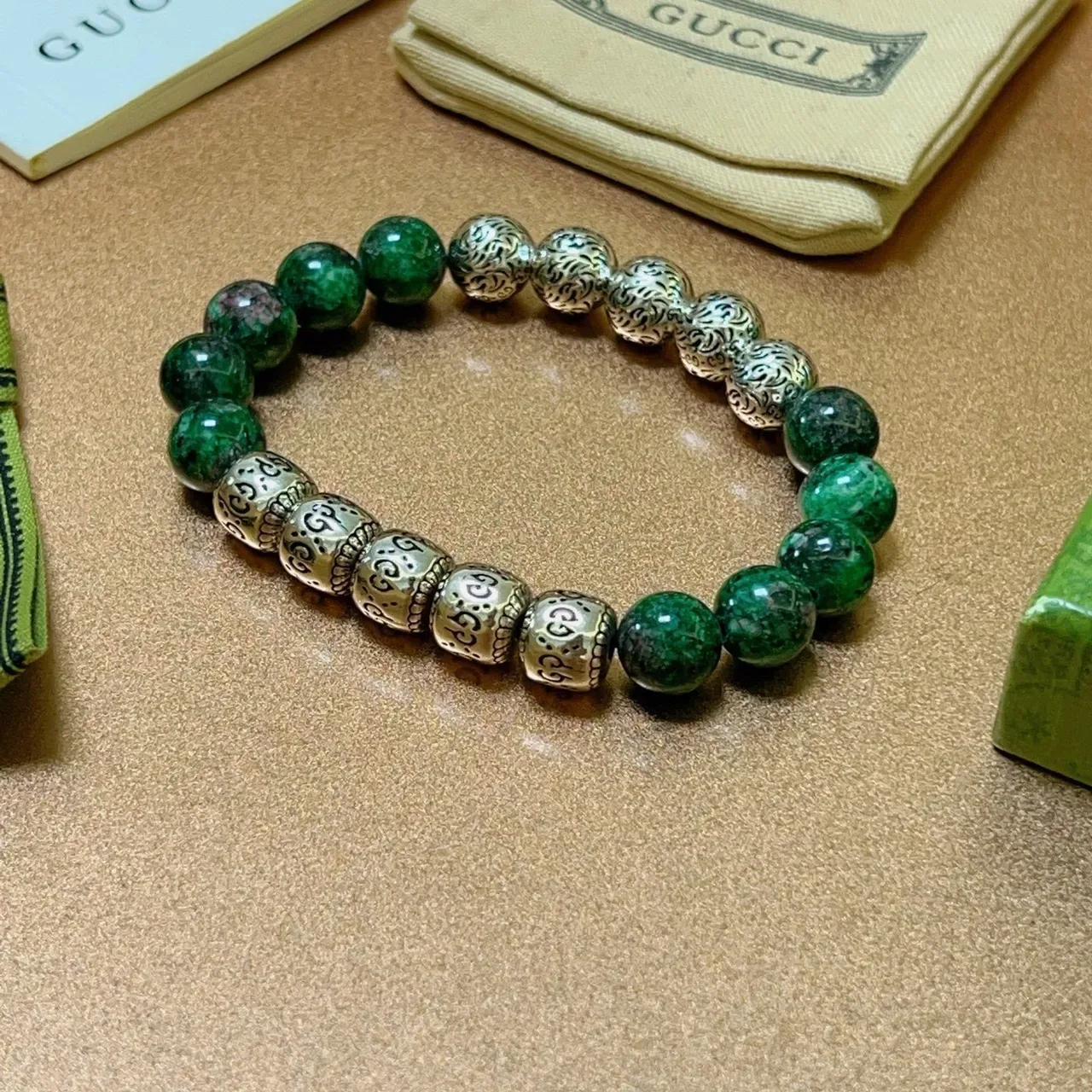 Gucci Green Stone and Ornate Silver Bead Bracelet 3