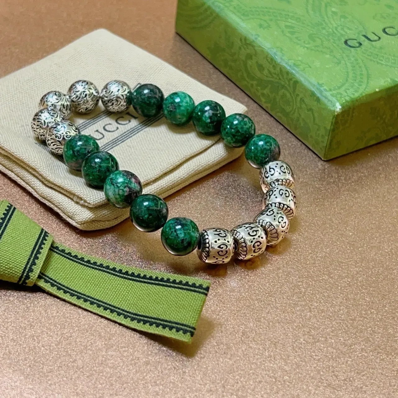 Gucci Green Stone and Ornate Silver Bead Bracelet 6