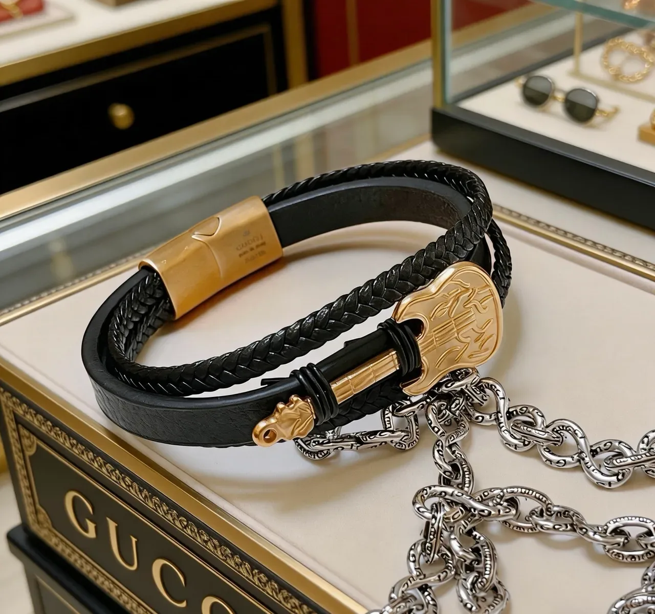 Gucci Guitar Motif Braided Leather Bracelet 3