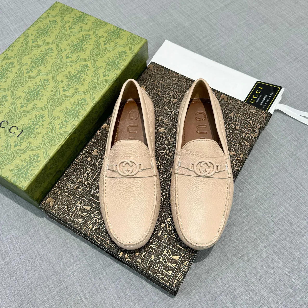 Gucci Horsebit 1955 Beige Brown Pebbled Leather Buckle Loafer 6