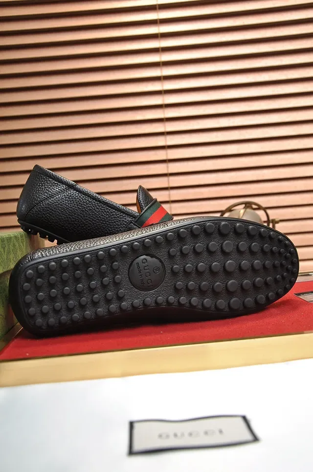 Gucci Horsebit 1955 Black Pebbled Leather Web Stripe Loafers 4