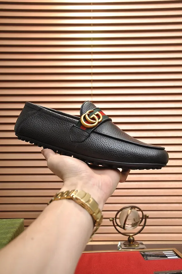 Gucci Horsebit 1955 Black Pebbled Leather Web Stripe Loafers 8