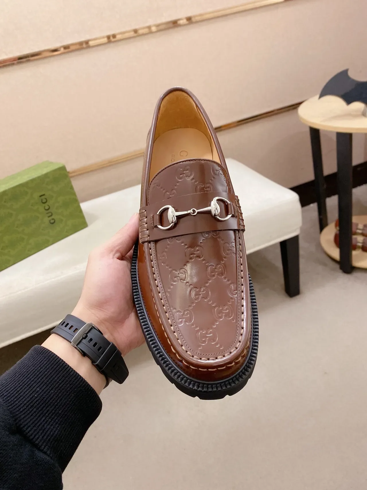 Gucci Horsebit 1955 Brown Black Buckle Embossed GG Leather Loafer 5