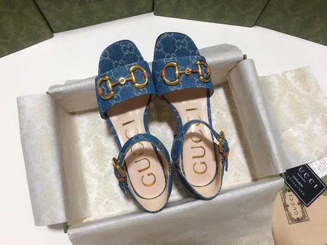 Gucci Horsebit 1955 Denim Monogram Blue Gladiator Sandals 3