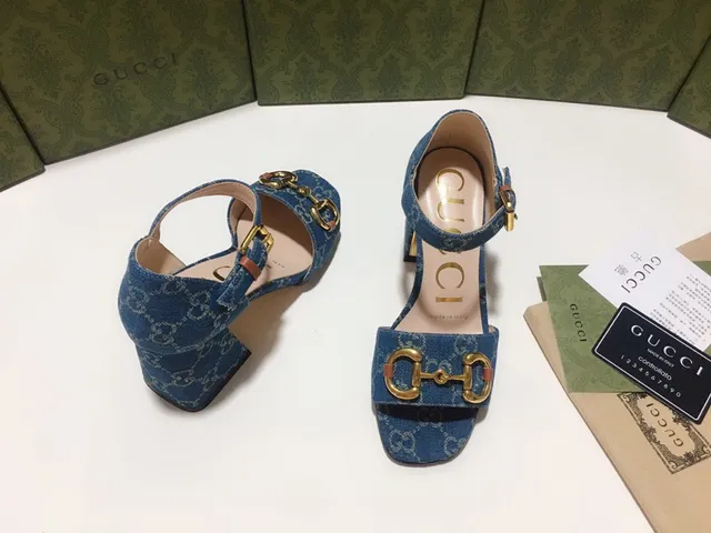 Gucci Horsebit 1955 Denim Monogram Blue Gladiator Sandals 7