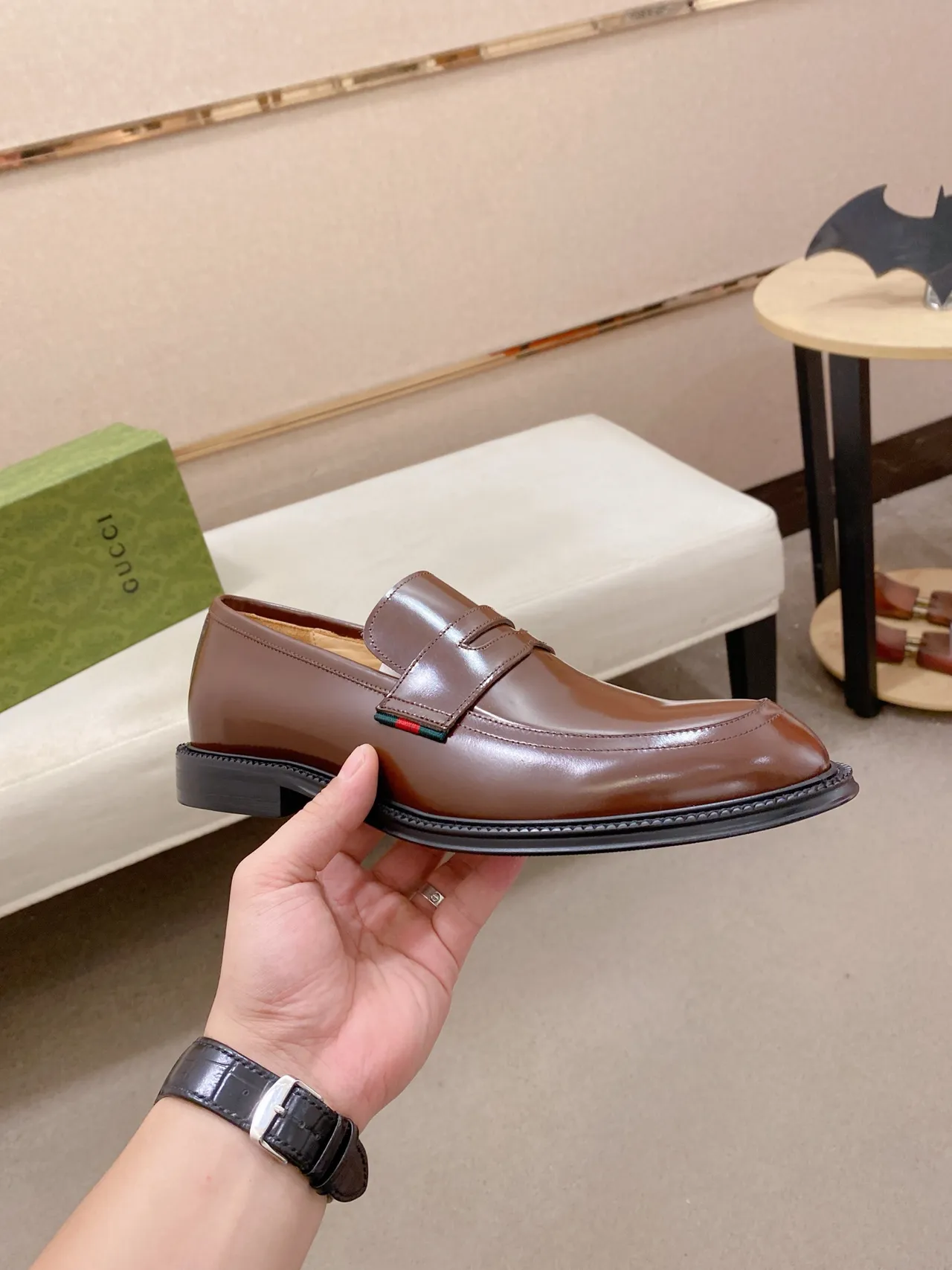 Gucci Horsebit 1955 Loafer Brown Leather Web-Trimmed Penny Loafer 4