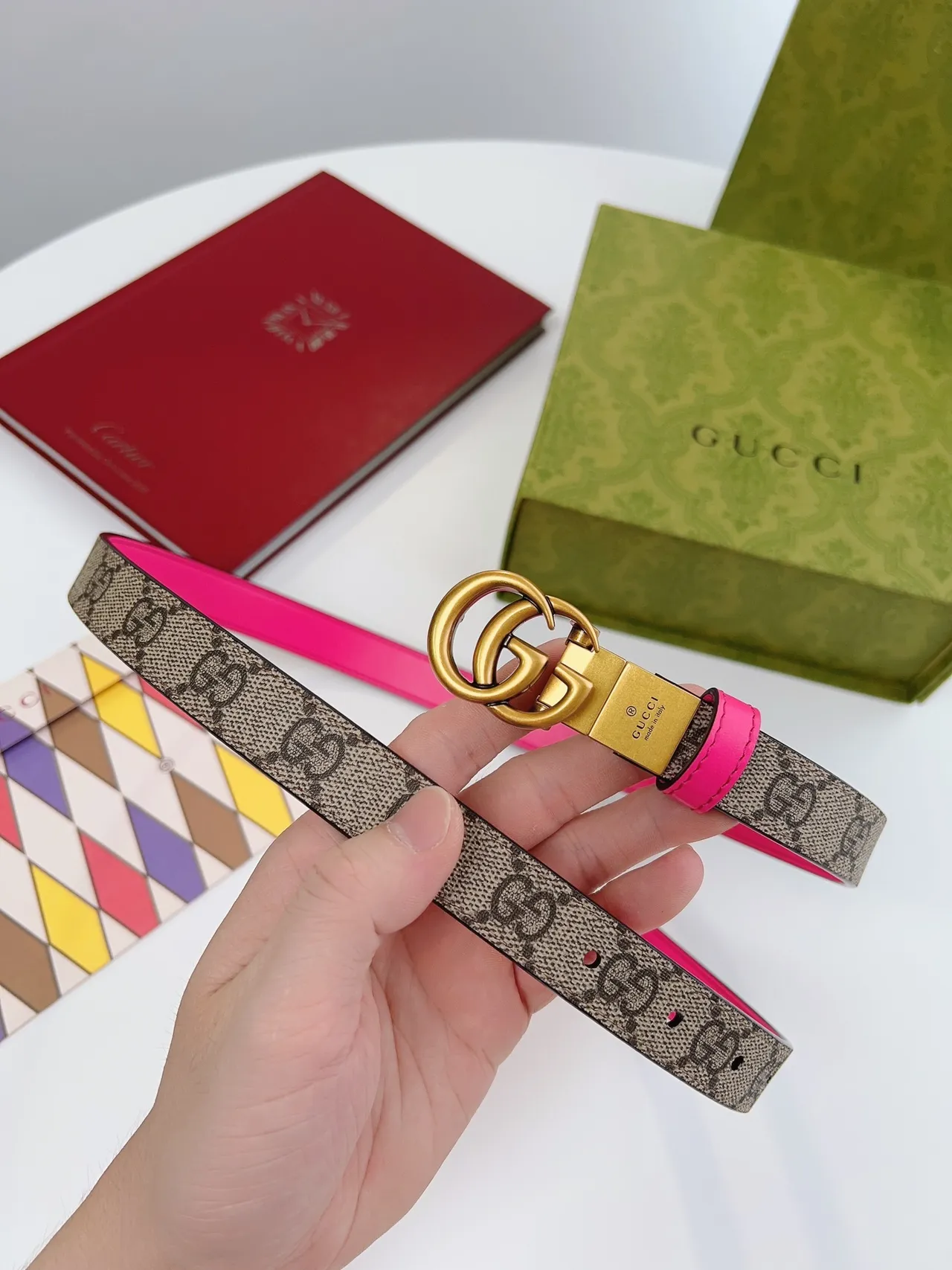 Gucci Horsebit 1955 Pink Beige Double G Buckle GG Supreme Canvas Leather Belt 3